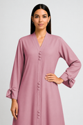 AARUH Baby Pink Button-Front Flared Abaya with V-Neck & Statement Sleeves
