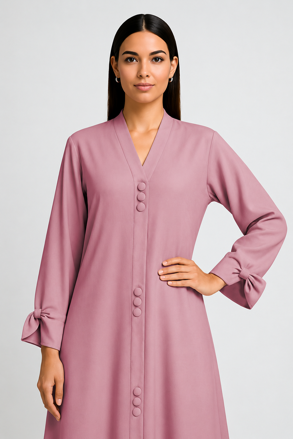 AARUH Baby Pink Button-Front Flared Abaya with V-Neck & Statement Sleeves