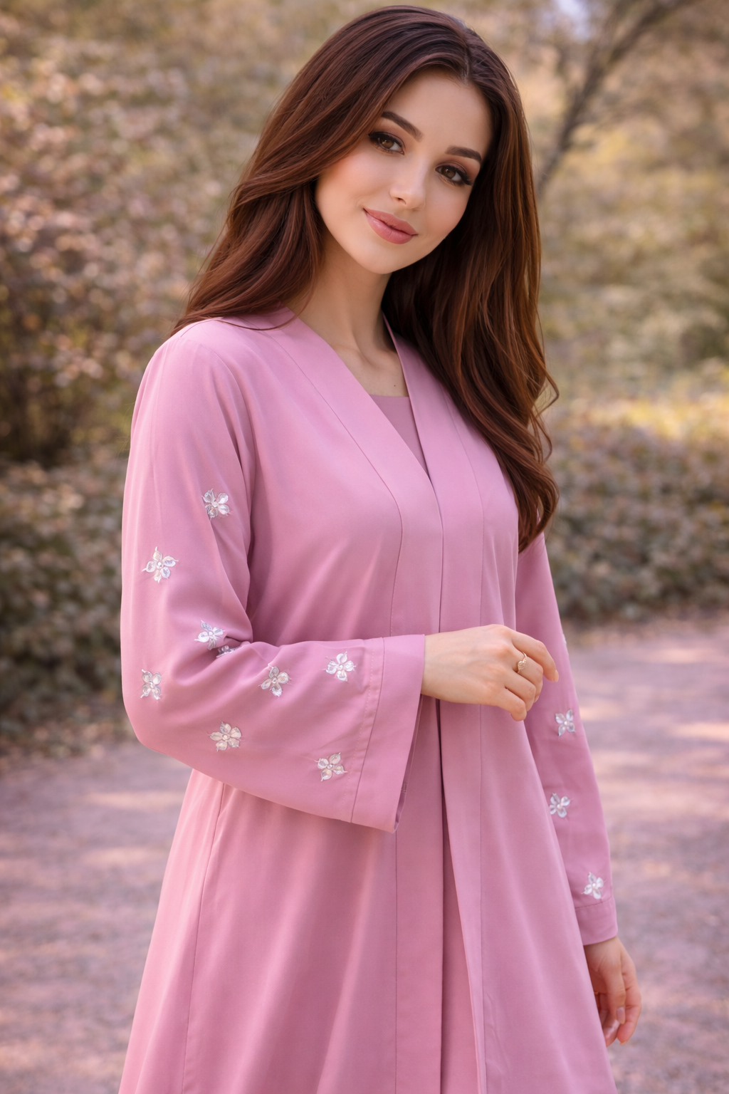 KIMONO BABY PINK PETAL – Premium Embroidered Kimono Style Abaya | V Neck | Without Hijab | Free Size | AARUH