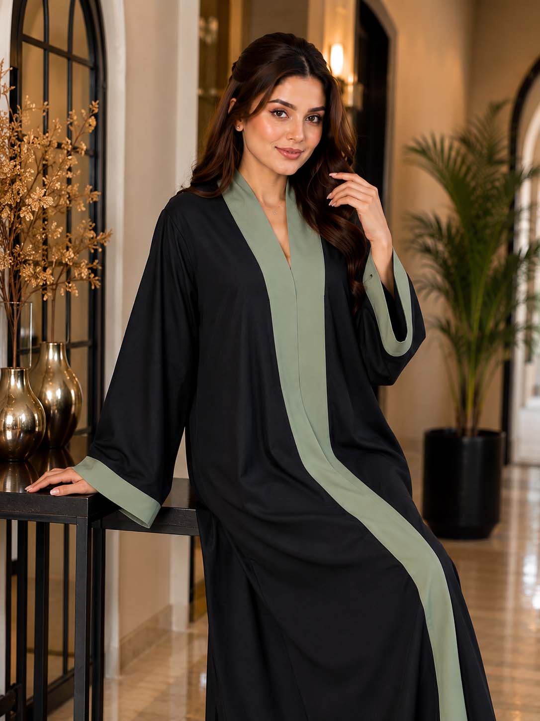 Black & Olive Panelled Abaya Timeless Style with a Modern Touch
