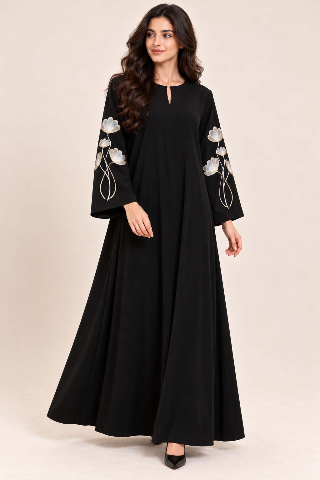 AARUH Black Nysa Embroidered Sleeve Abaya with Keyhole Neck & Flared Fit