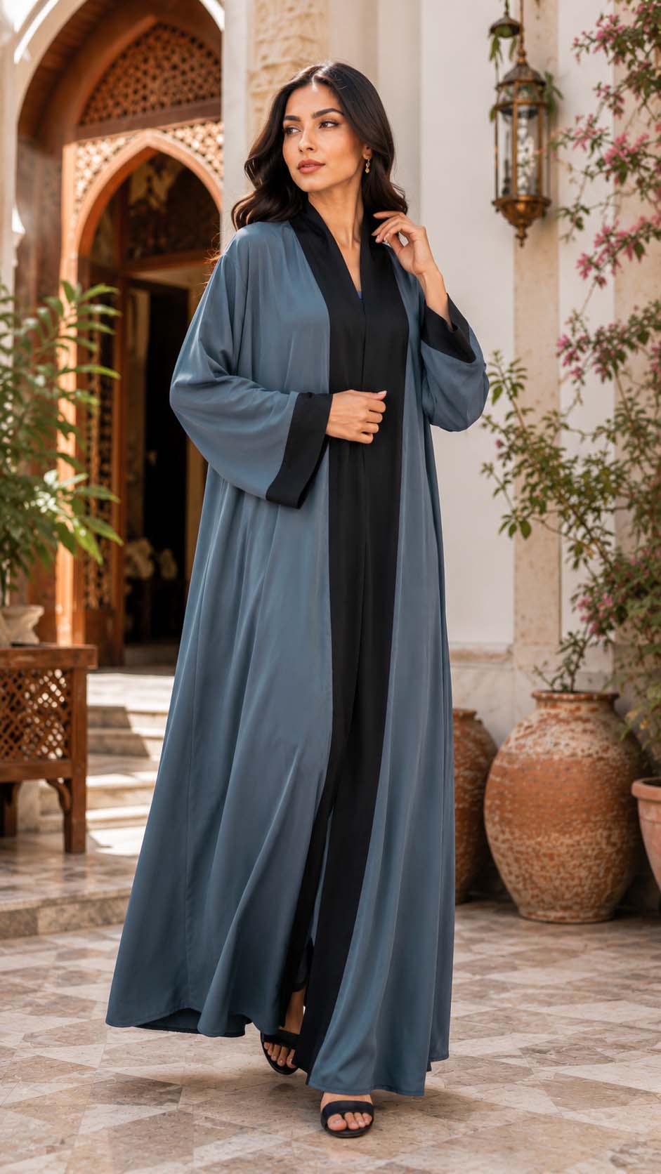 Blue Grey Contrast Open Abaya Elegant Two-Tone Modest Wear | AARUH Fashion & Fabrics