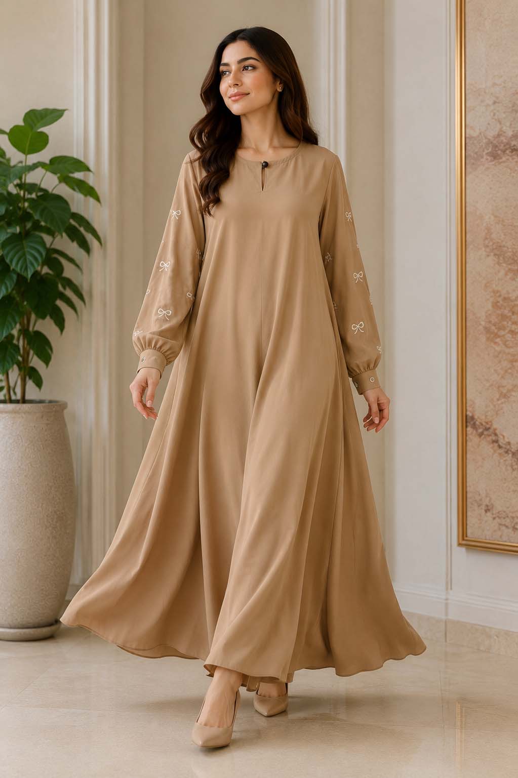 Elegant A-Line Maxi Dress with Bow Embroidered Sleeves