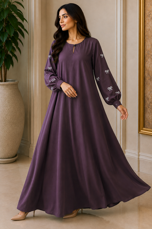 AARUH Elegant Bow Embroidered A-Line Maxi Dress | Full Sleeve Modest Dress