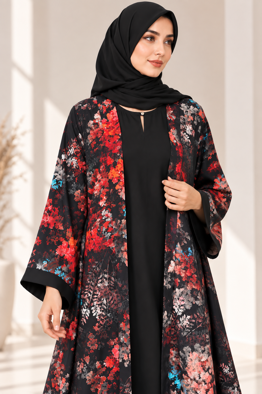 AARUH Black Floral Printed Open Front Abaya with Inner Dress & Hijab