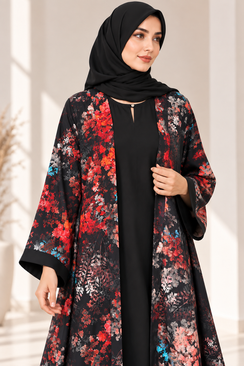 AARUH Black Floral Printed Open Front Abaya with Inner Dress & Hijab
