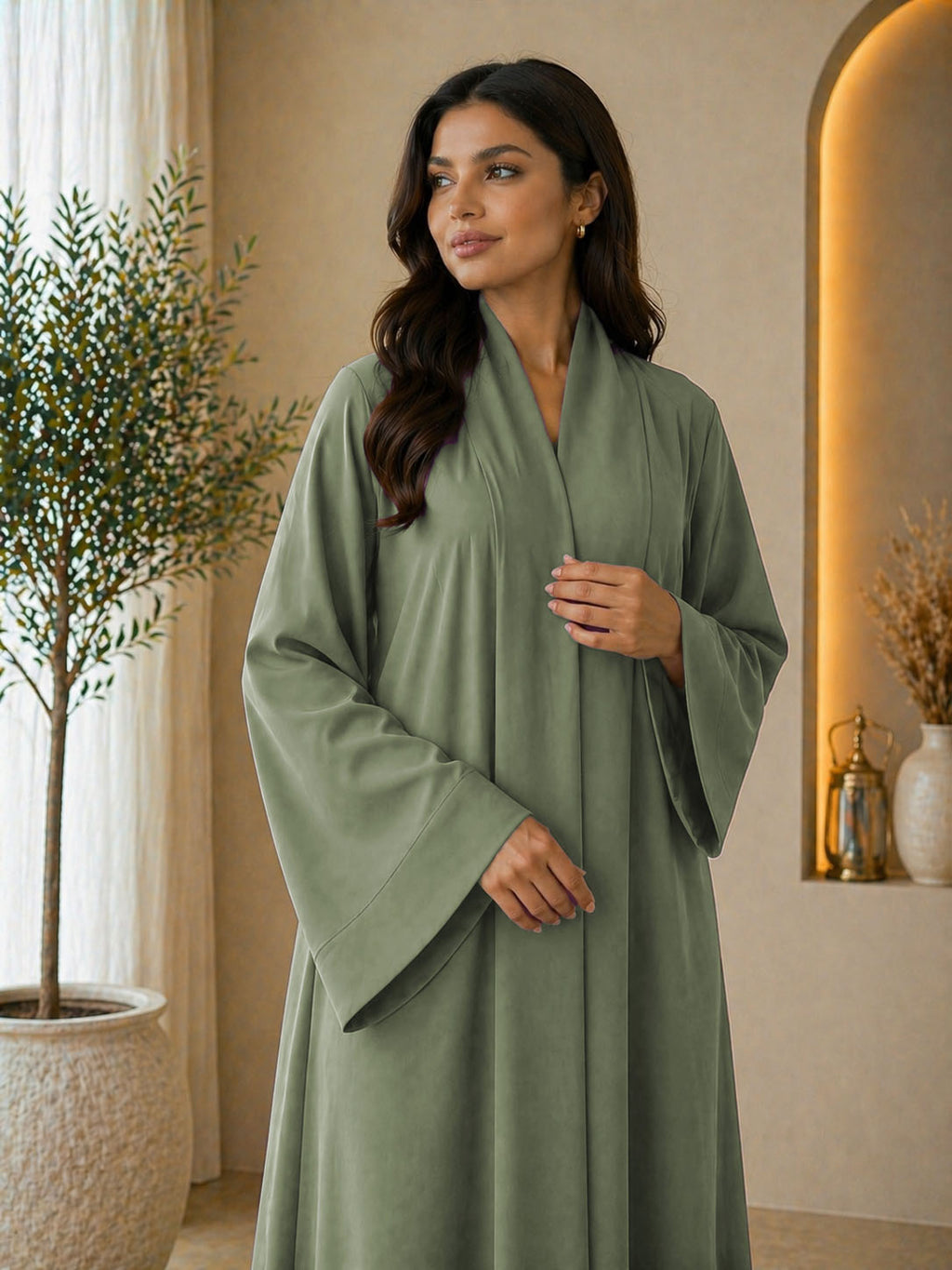 KIMONO GREEN – Premium Green Kimono Style Abaya | V Neck | Without Hijab | Free Size | AARUH