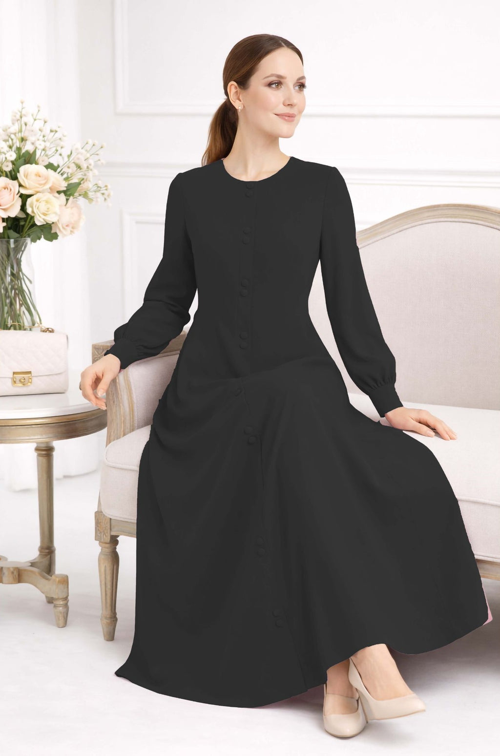 LINA BLACK – Premium Black Button Front Abaya | Round Neck | Without Hijab | Free Size | AARUH