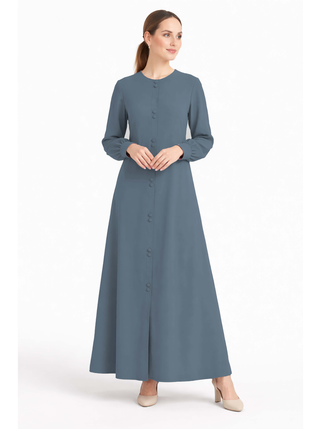 LINA BLUISH GREY – Premium Bluish Grey Button Front Abaya | Round Neck | Without Hijab | Free Size | AARUH