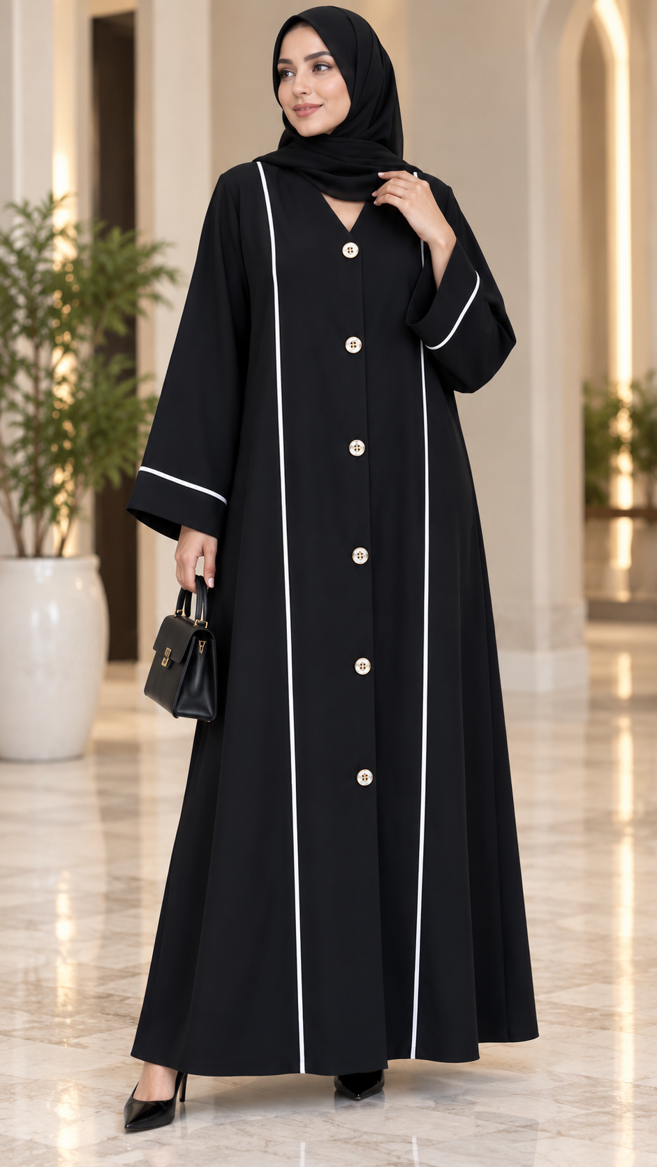 AARUH Black Front Button Abaya with White Piping & Flared Silhouette