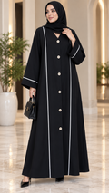 AARUH Black Front Button Abaya with White Piping & Flared Silhouette