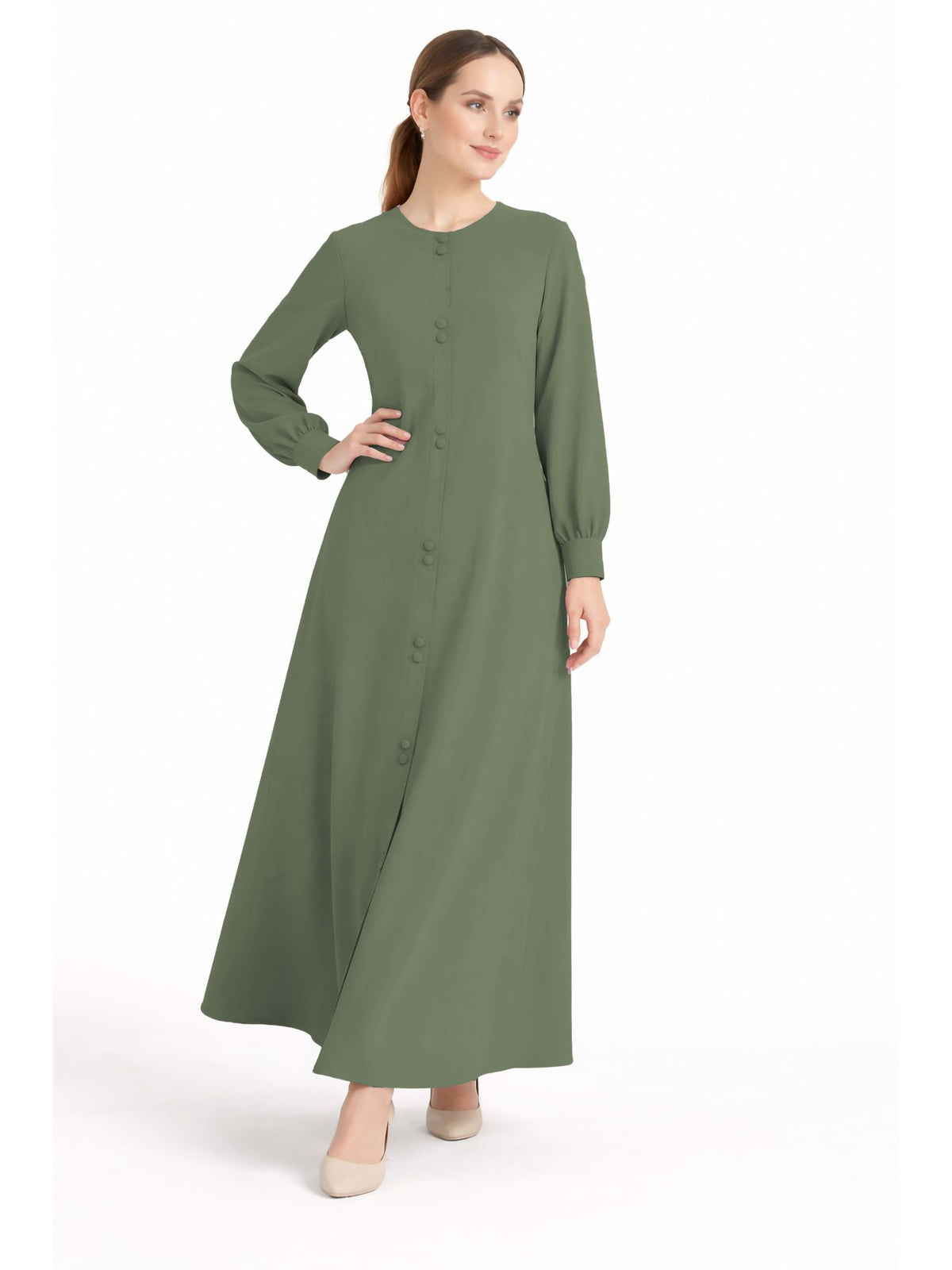 LINA GREEN – Premium Green Button Front Abaya | Round Neck | Without Hijab | Free Size | AARUH