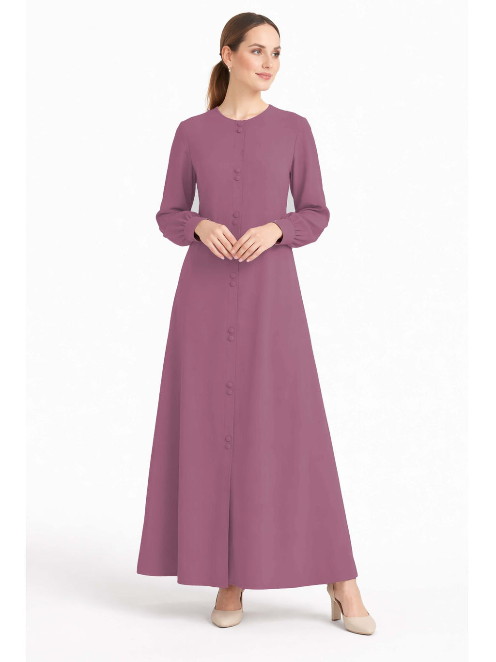 LINA PINK – Premium Pink Button Front Abaya | Round Neck | Without Hijab | Free Size | AARUH