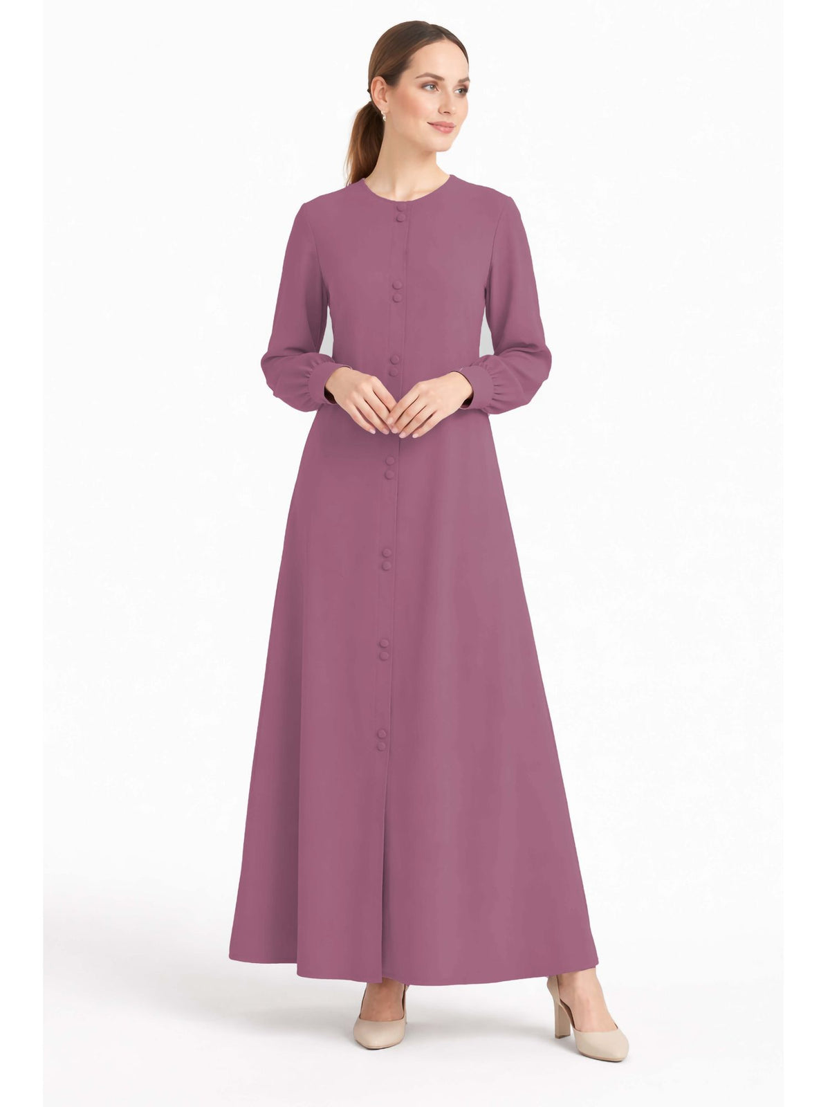 LINA PINK – Premium Pink Button Front Abaya | Round Neck | Without Hijab | Free Size | AARUH