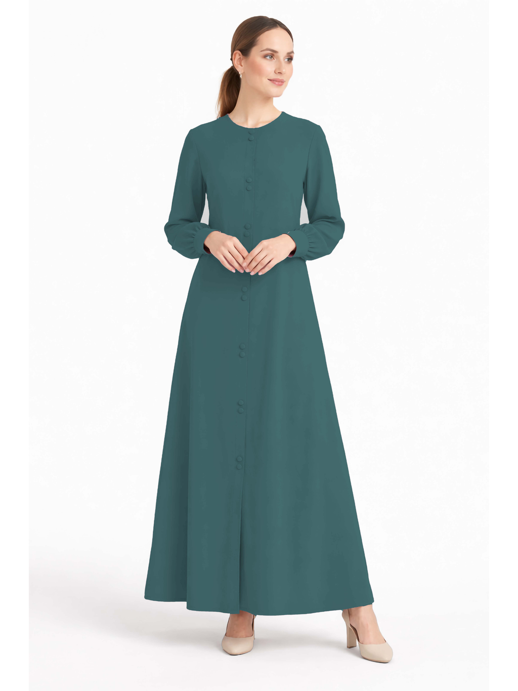 LINA TEAL – Premium Teal Button Front Abaya | Round Neck | Without Hijab | Free Size | AARUH