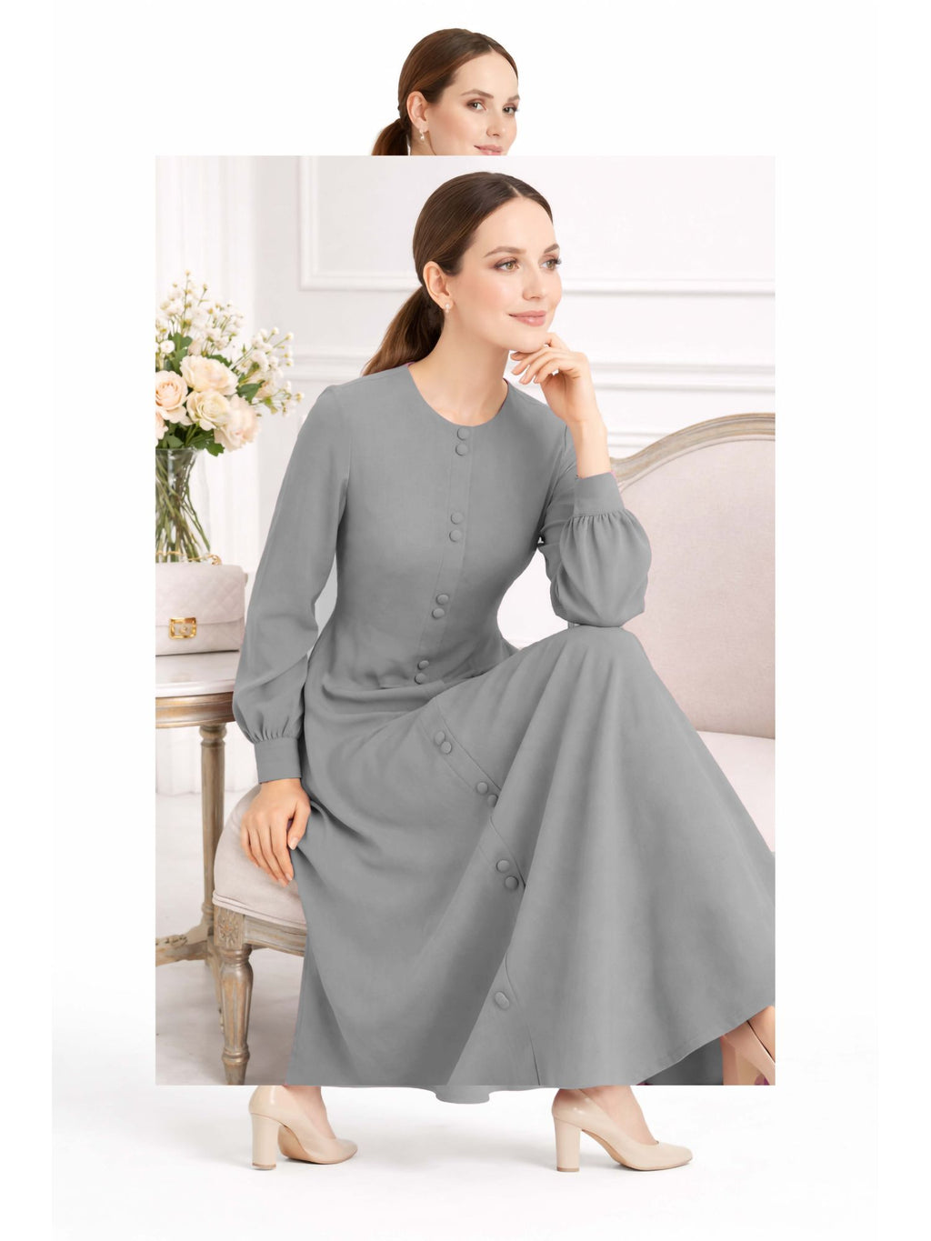 LINA STEEL GREY – Premium Steel Grey Button Front Abaya | Round Neck | Without Hijab | Free Size | AARUH
