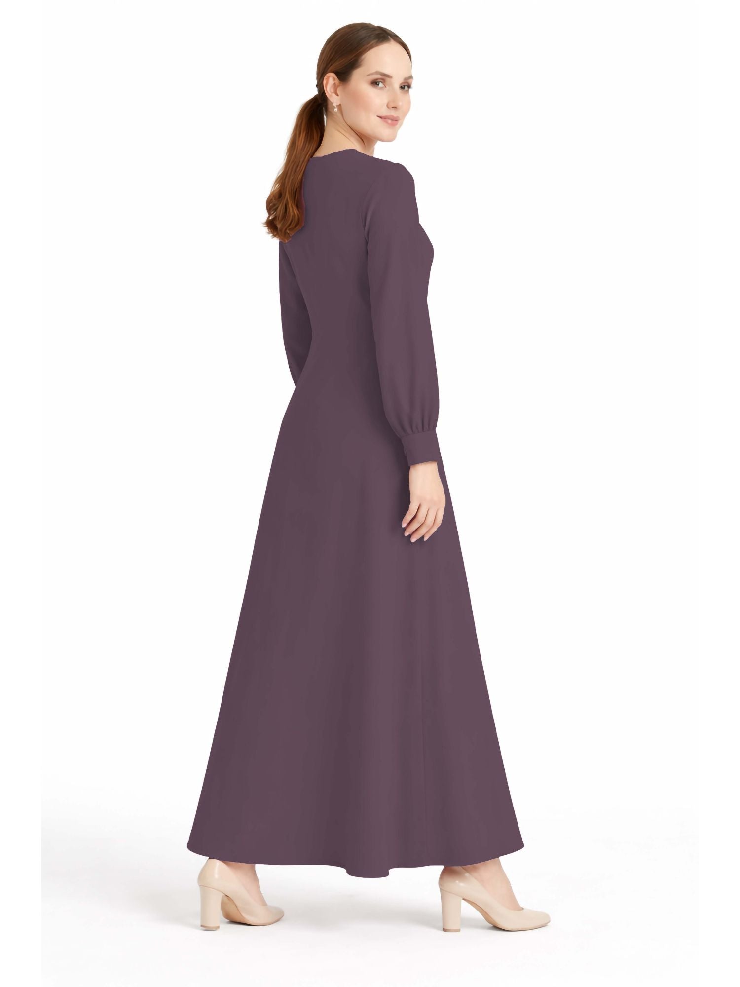 LINA DARK PURPLE – Premium Dark Purple Button Front Abaya | Round Neck | Without Hijab | Free Size | AARUH