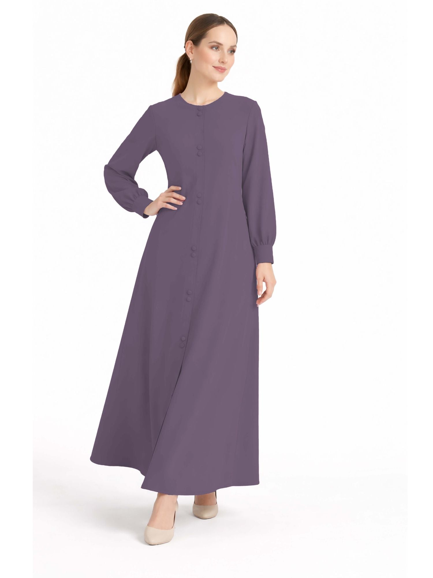 LINA LAVENDER – Premium Lavender Button Front Abaya | Round Neck | Without Hijab | Free Size | AARUH