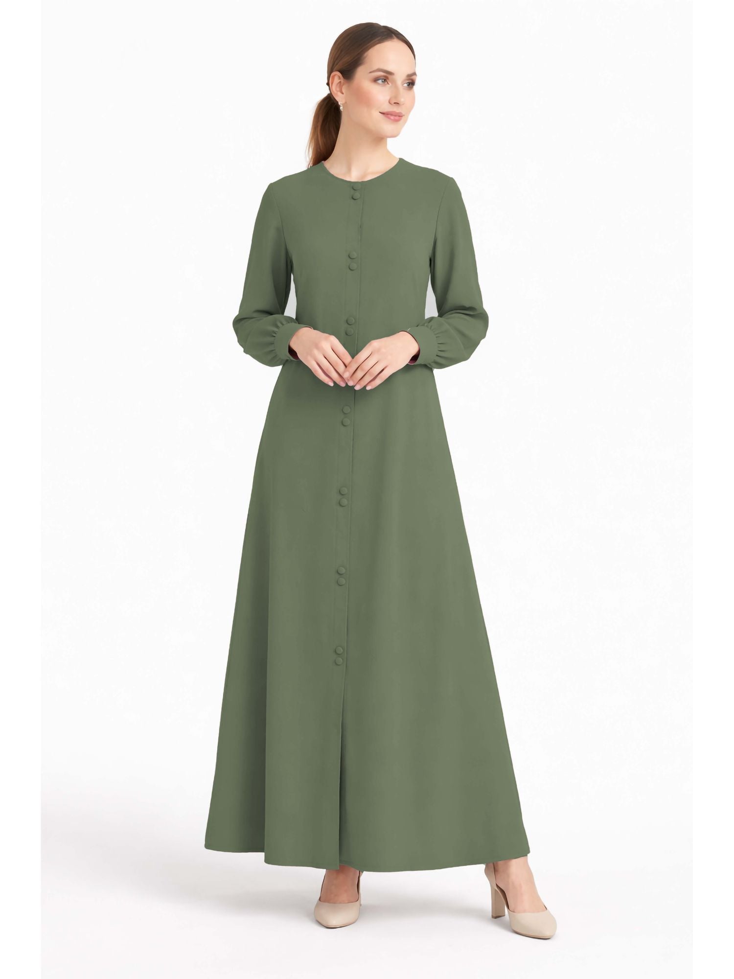 LINA GREEN – Premium Green Button Front Abaya | Round Neck | Without Hijab | Free Size | AARUH