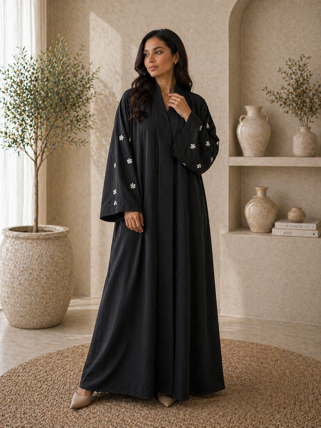 KIMONO BLACK PETAL 333 – Premium Embroidered Kimono Style Abaya | V Neck | Without Hijab | Free Size | AARUH