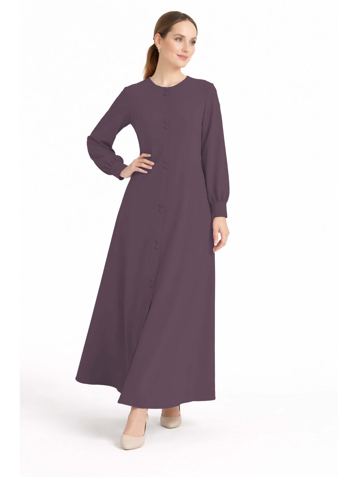 LINA DARK PURPLE – Premium Dark Purple Button Front Abaya | Round Neck | Without Hijab | Free Size | AARUH