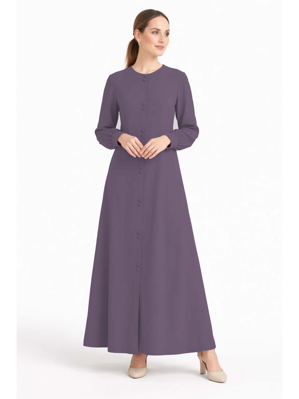 LINA LAVENDER – Premium Lavender Button Front Abaya | Round Neck | Without Hijab | Free Size | AARUH