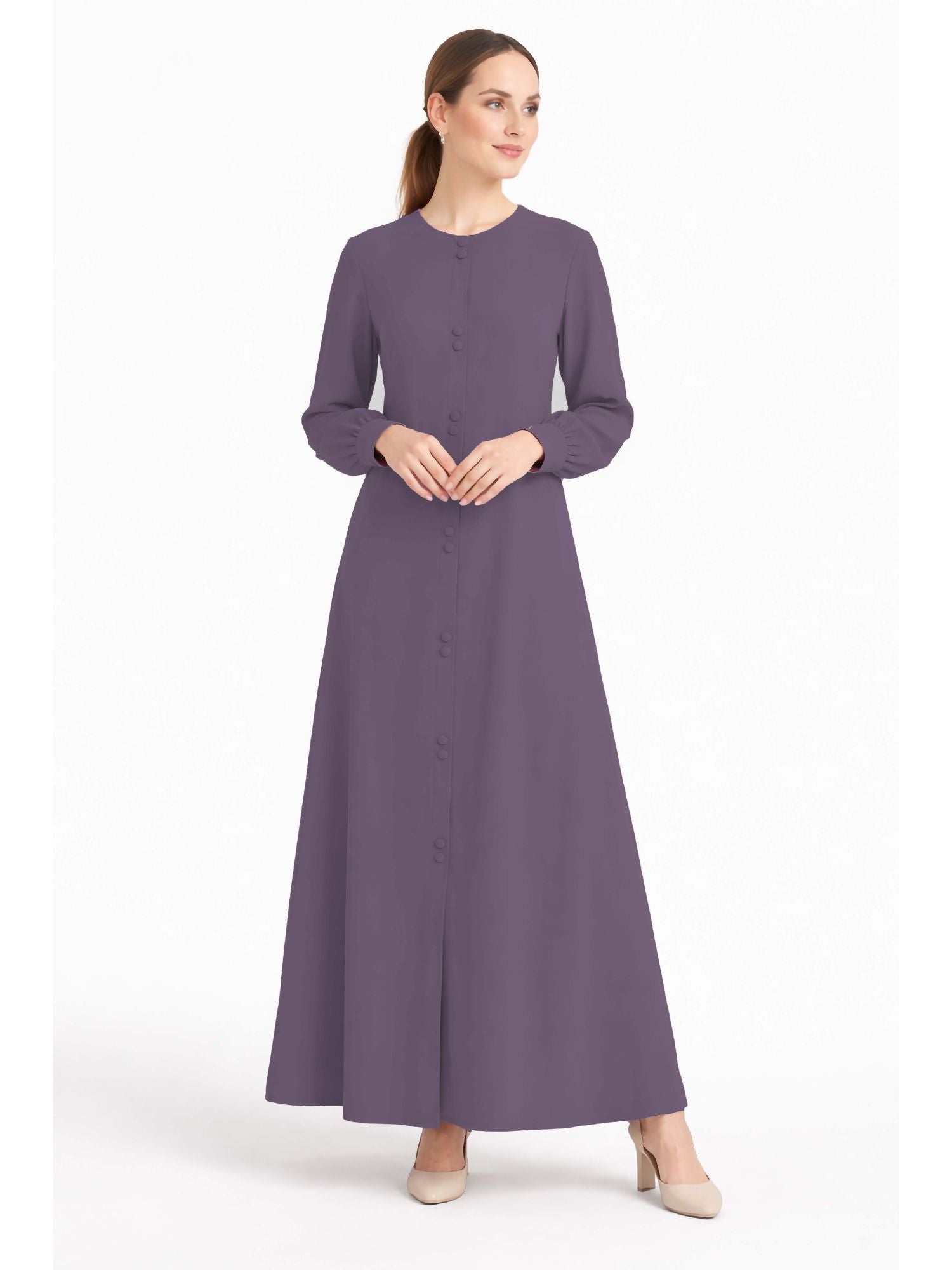 LINA LAVENDER – Premium Lavender Button Front Abaya | Round Neck | Without Hijab | Free Size | AARUH