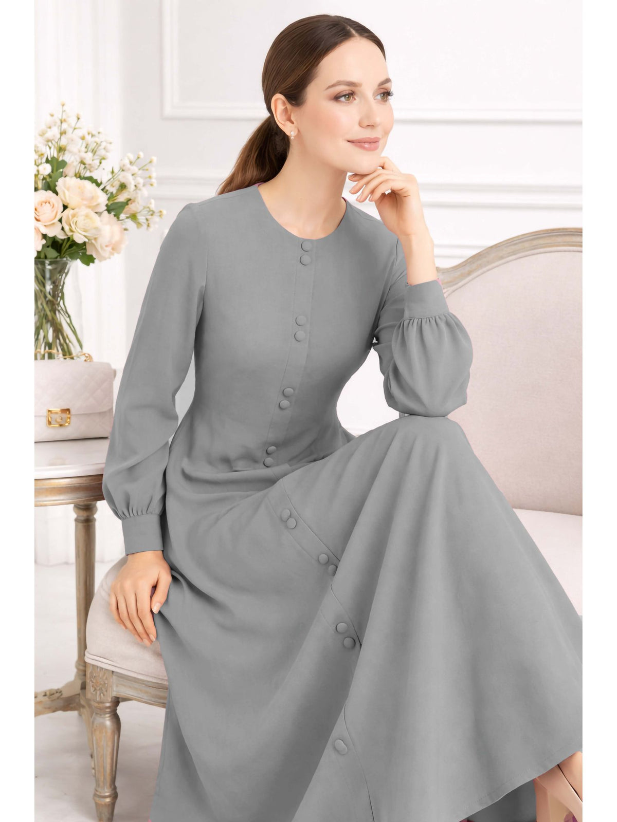 LINA STEEL GREY – Premium Steel Grey Button Front Abaya | Round Neck | Without Hijab | Free Size | AARUH
