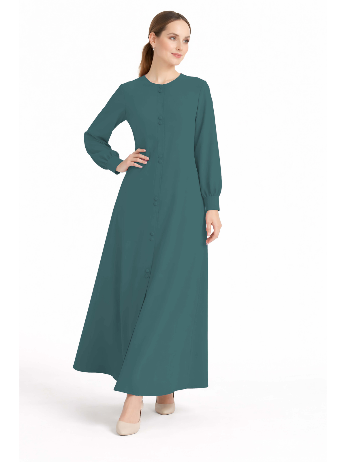 LINA TEAL – Premium Teal Button Front Abaya | Round Neck | Without Hijab | Free Size | AARUH