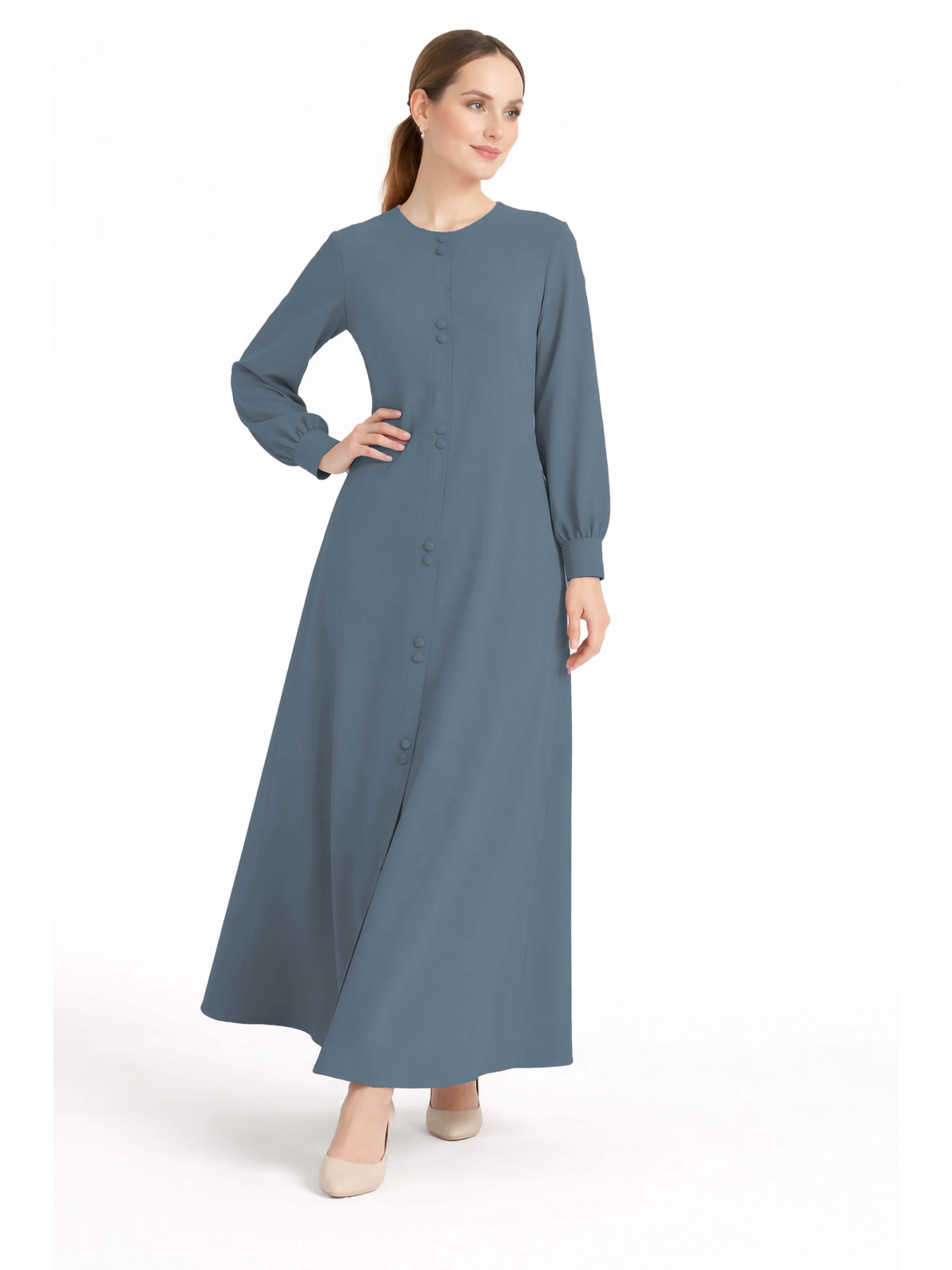 LINA BLUISH GREY – Premium Bluish Grey Button Front Abaya | Round Neck | Without Hijab | Free Size | AARUH