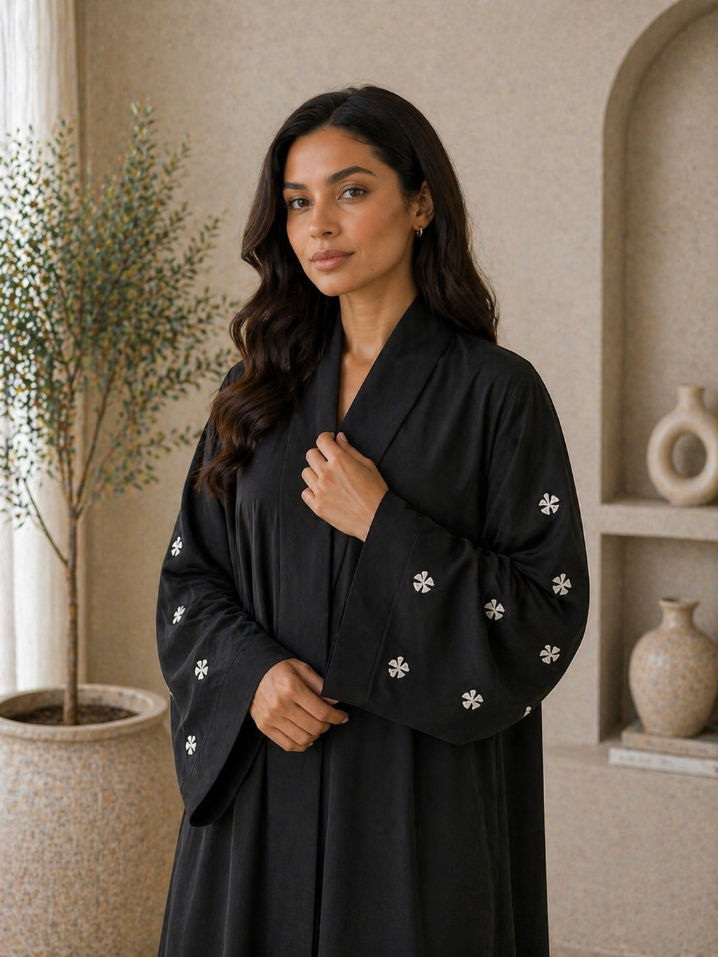 KIMONO BLACK PETAL 333 – Premium Embroidered Kimono Style Abaya | V Neck | Without Hijab | Free Size | AARUH