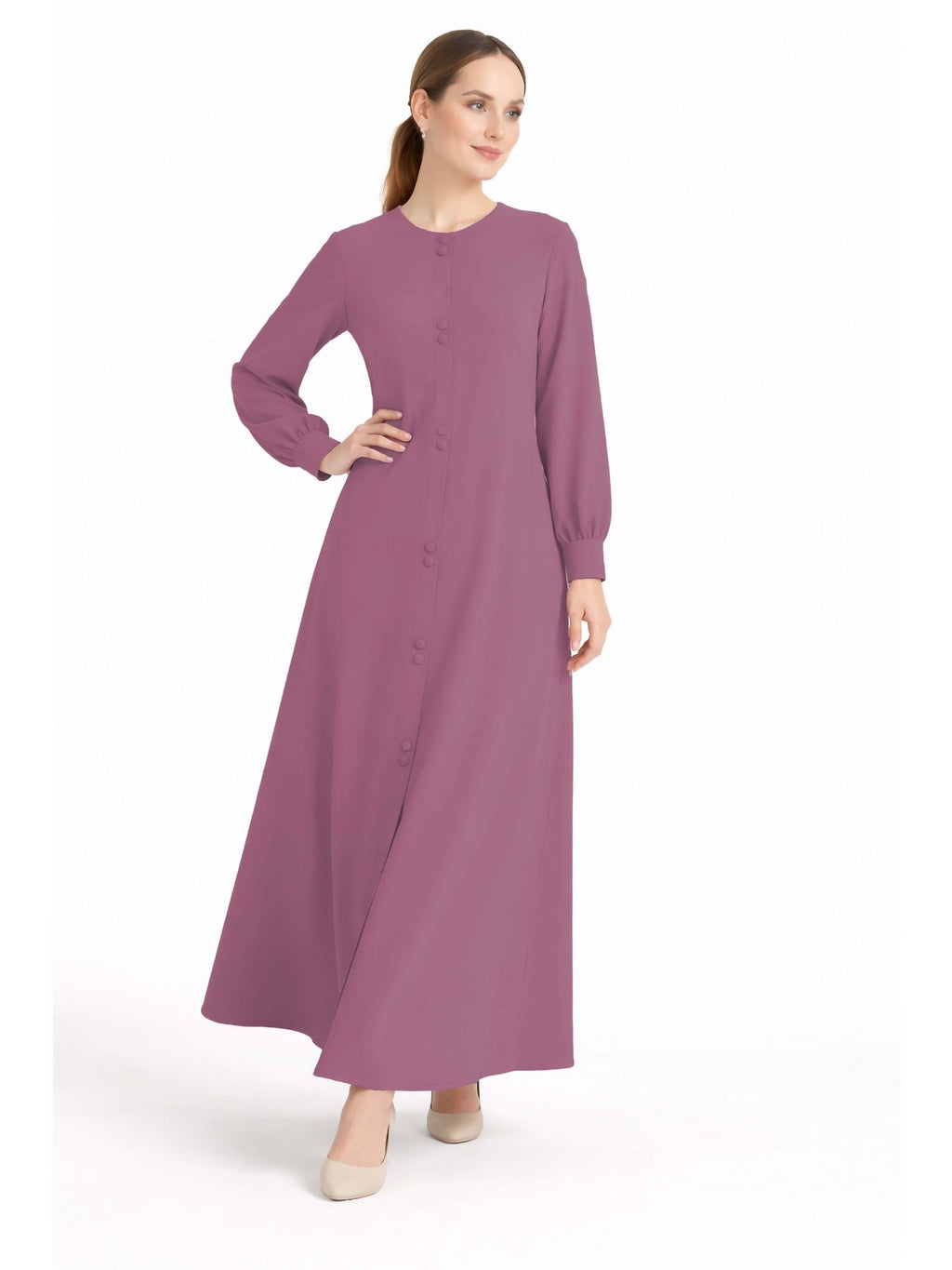 LINA PINK – Premium Pink Button Front Abaya | Round Neck | Without Hijab | Free Size | AARUH