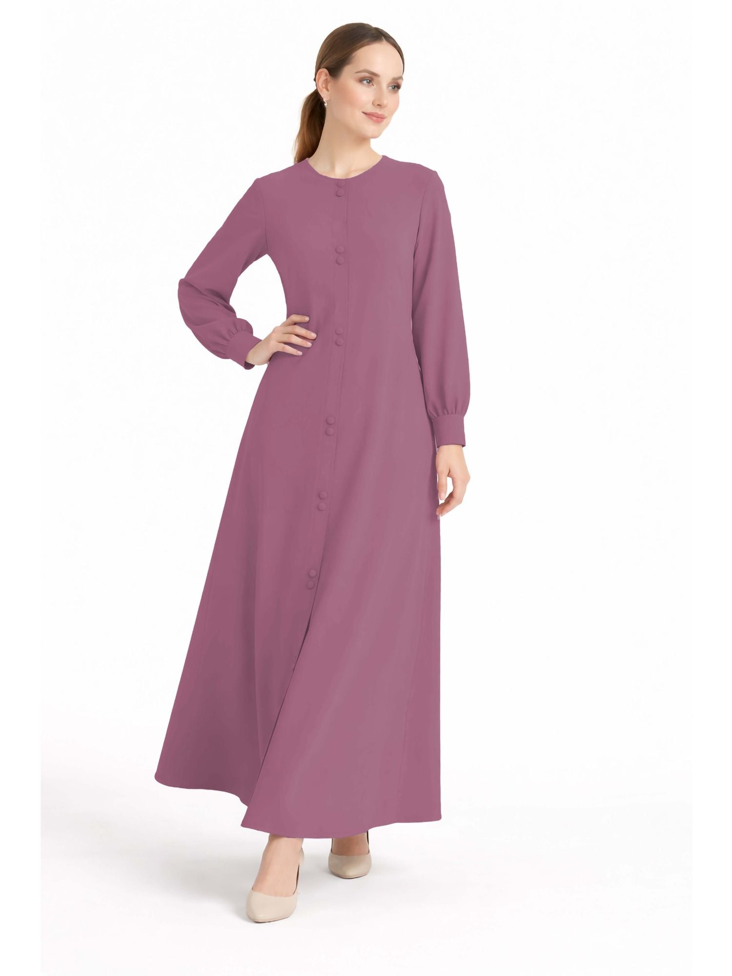 LINA PINK – Premium Pink Button Front Abaya | Round Neck | Without Hijab | Free Size | AARUH
