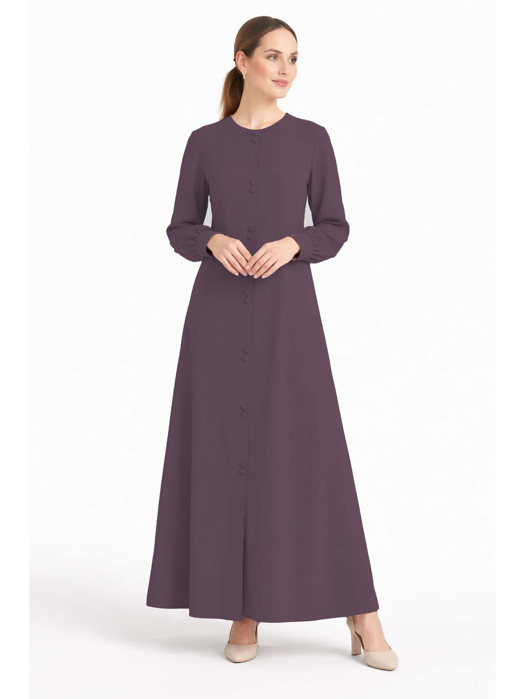 LINA DARK PURPLE – Premium Dark Purple Button Front Abaya | Round Neck | Without Hijab | Free Size | AARUH