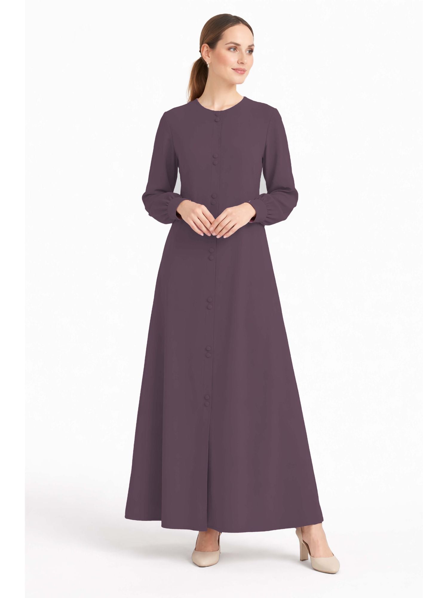 LINA DARK PURPLE – Premium Dark Purple Button Front Abaya | Round Neck | Without Hijab | Free Size | AARUH