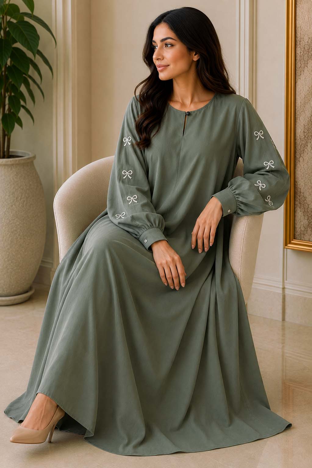 Elegant A-Line Maxi Dress with Bow Embroidered Sleeves
