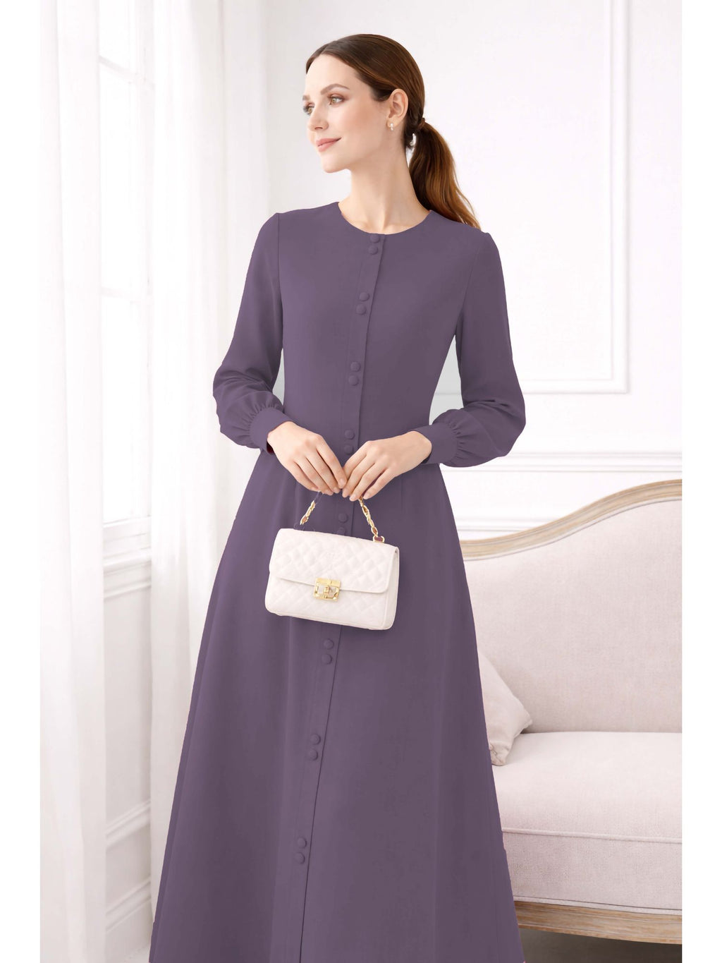 LINA LAVENDER – Premium Lavender Button Front Abaya | Round Neck | Without Hijab | Free Size | AARUH