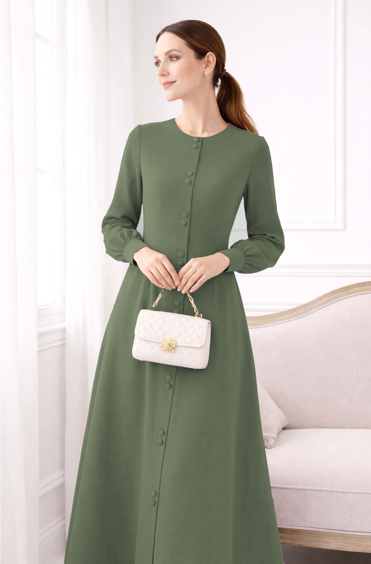 LINA GREEN – Premium Green Button Front Abaya | Round Neck | Without Hijab | Free Size | AARUH