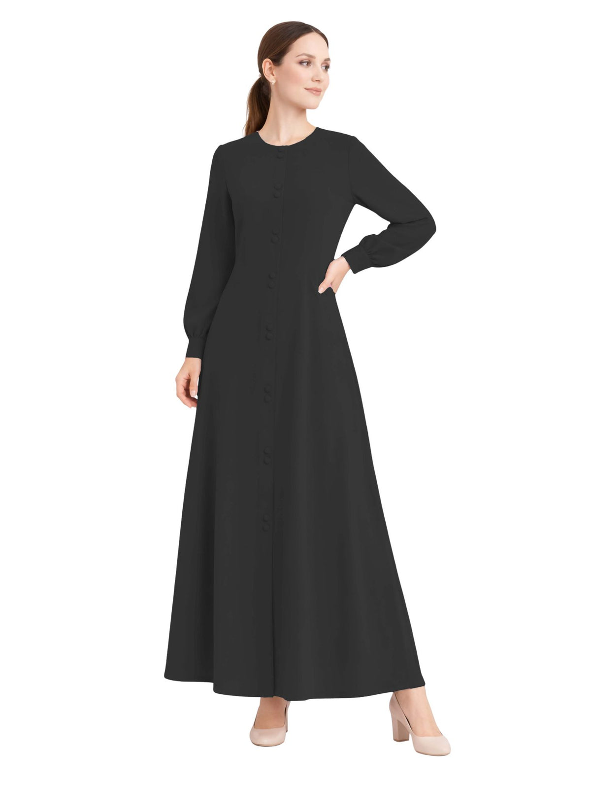 LINA BLACK – Premium Black Button Front Abaya | Round Neck | Without Hijab | Free Size | AARUH