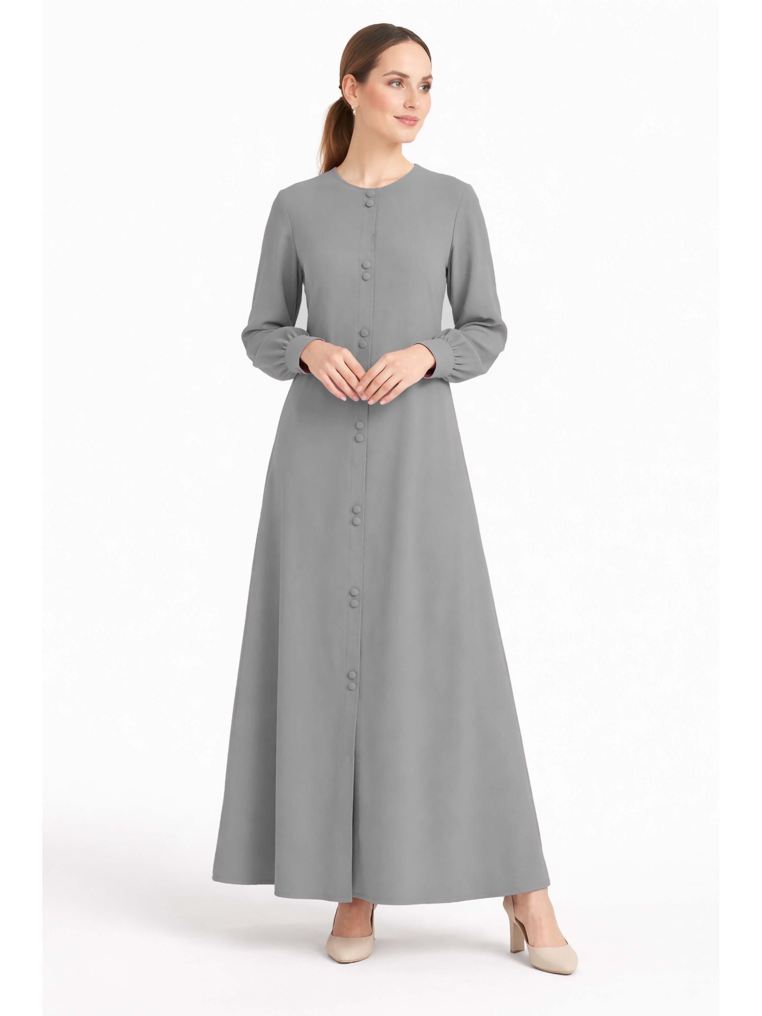 LINA STEEL GREY – Premium Steel Grey Button Front Abaya | Round Neck | Without Hijab | Free Size | AARUH