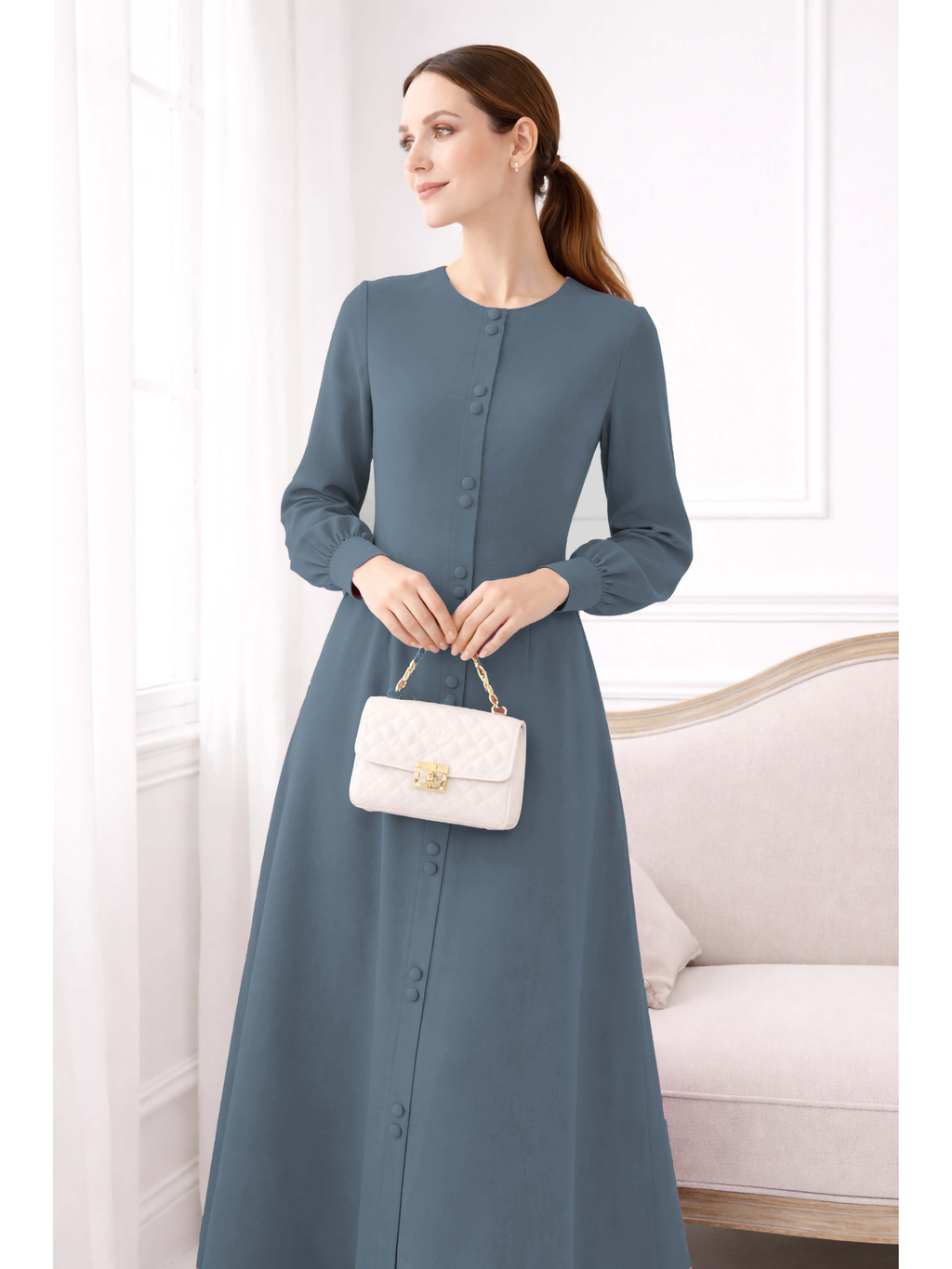 LINA BLUISH GREY – Premium Bluish Grey Button Front Abaya | Round Neck | Without Hijab | Free Size | AARUH