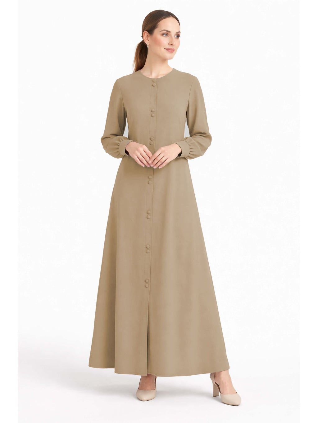 LINA BROWN – Premium Brown Button Front Abaya | Round Neck | Without Hijab | Free Size | AARUH