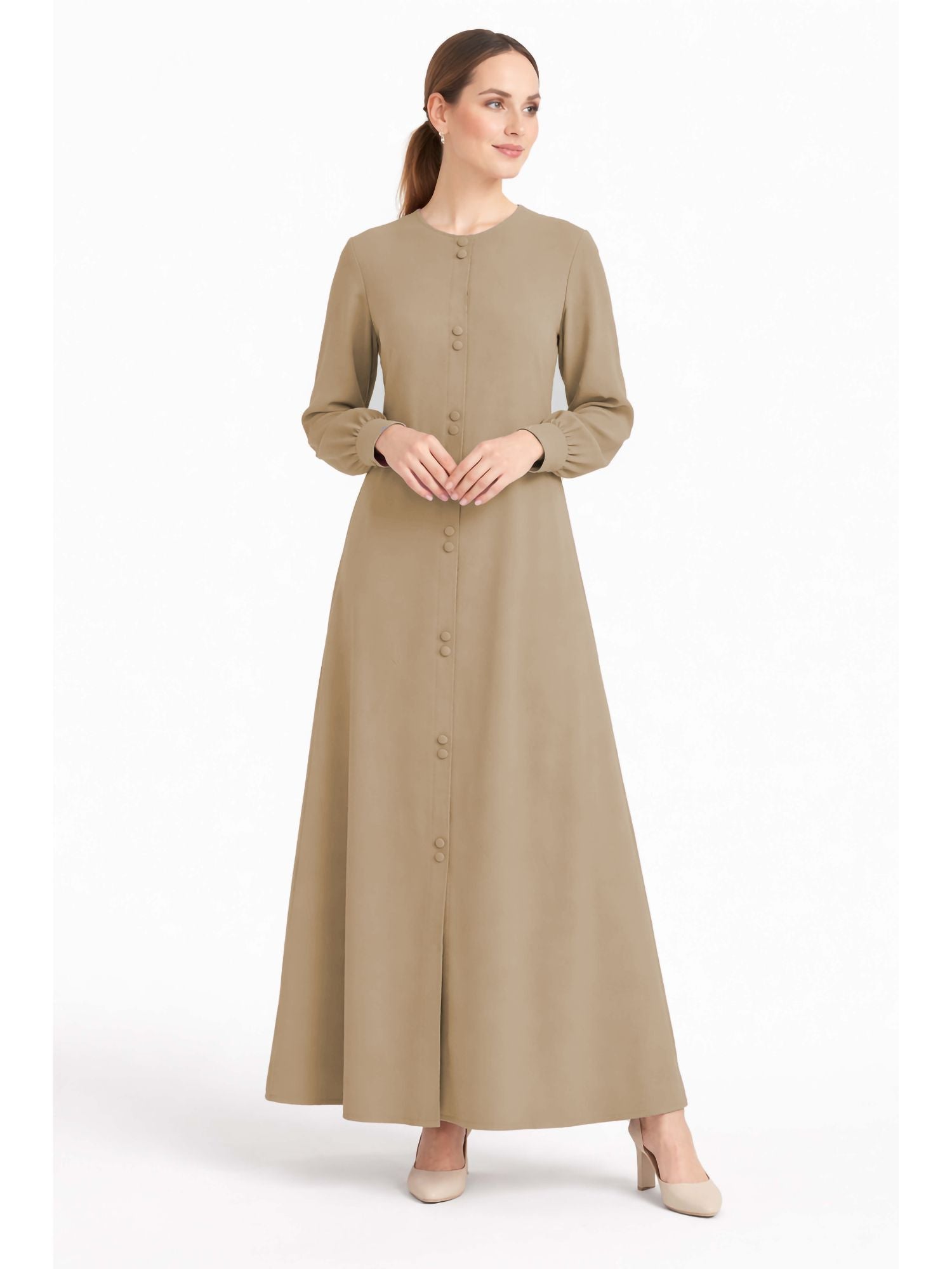 LINA BROWN – Premium Brown Button Front Abaya | Round Neck | Without Hijab | Free Size | AARUH