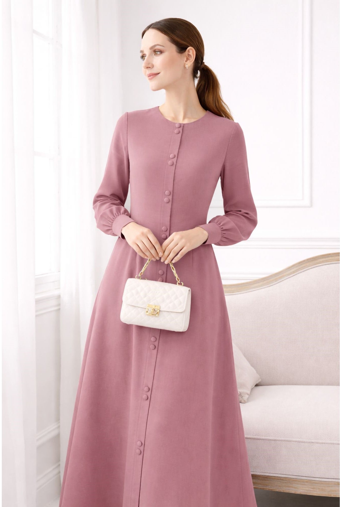 LINA BABY PINK – Premium Baby Pink Button Front Abaya | Round Neck | Without Hijab | Free Size | AARUH