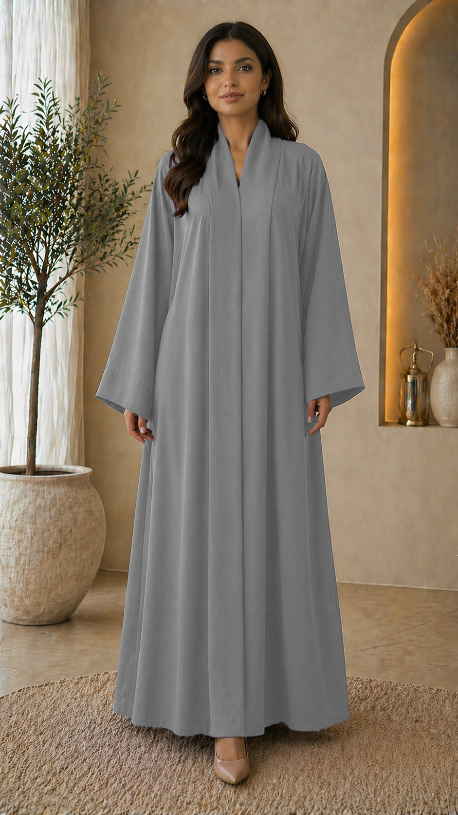 KIMONO STEEL GREY – Premium Steel Grey Kimono Style Abaya | V Neck | Without Hijab | Free Size | AARUH