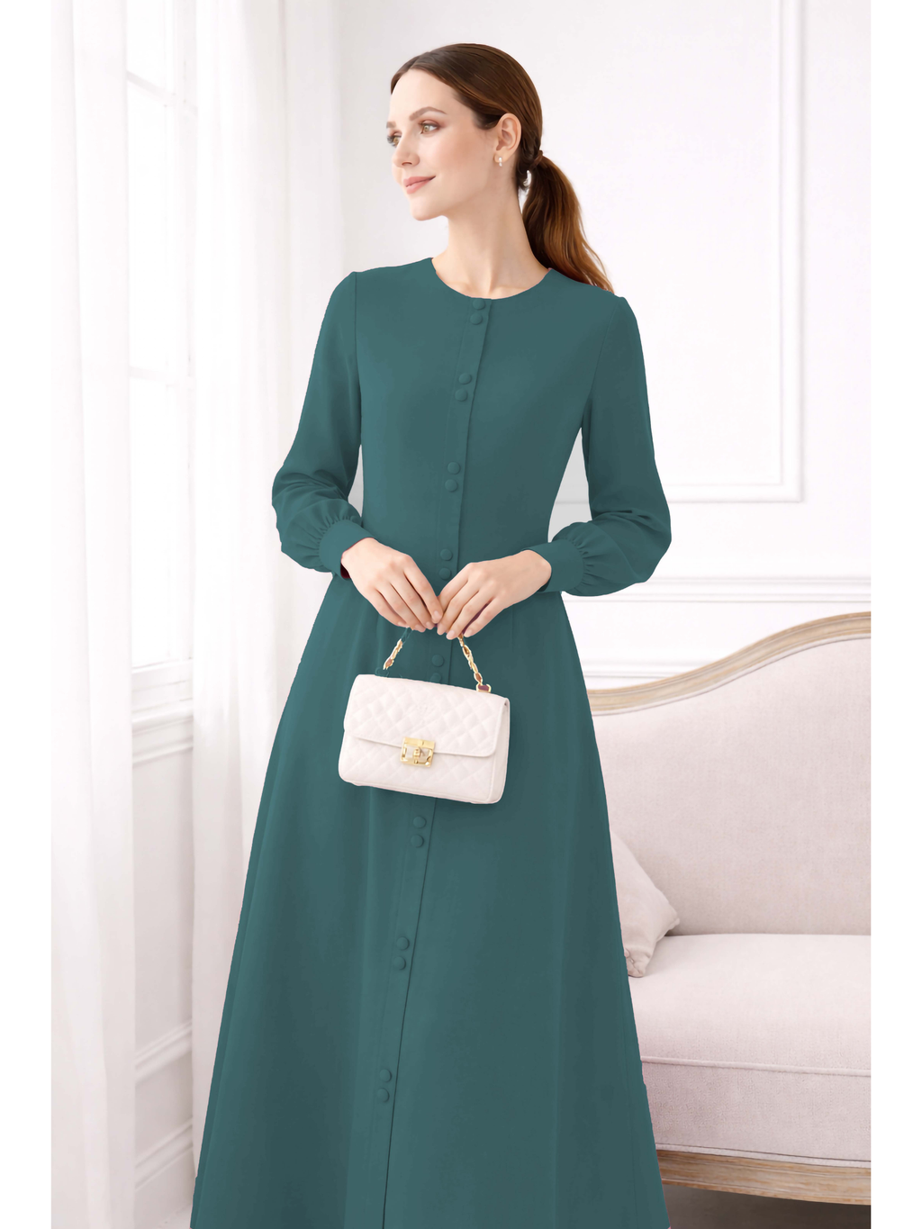 LINA TEAL – Premium Teal Button Front Abaya | Round Neck | Without Hijab | Free Size | AARUH