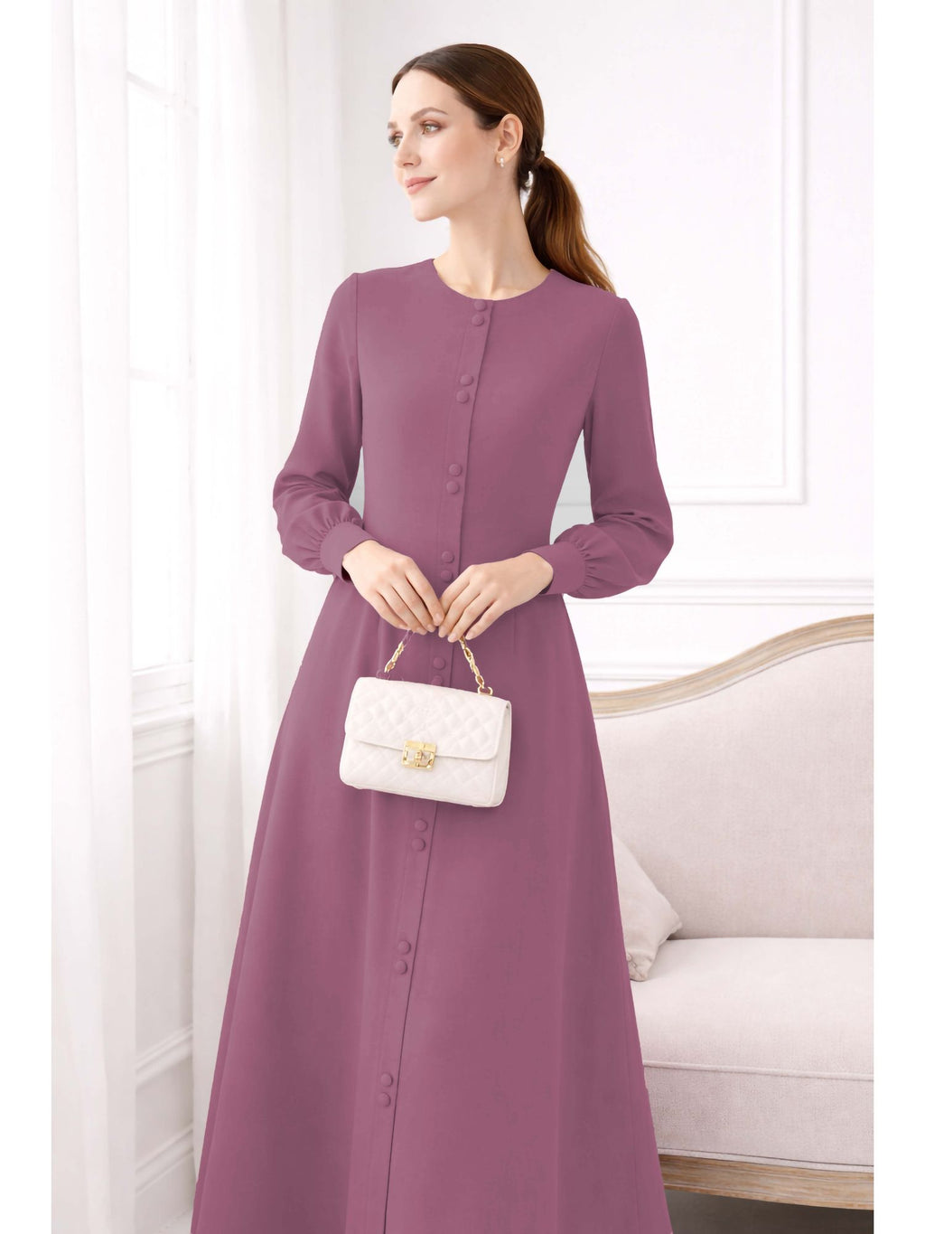 LINA PINK – Premium Pink Button Front Abaya | Round Neck | Without Hijab | Free Size | AARUH