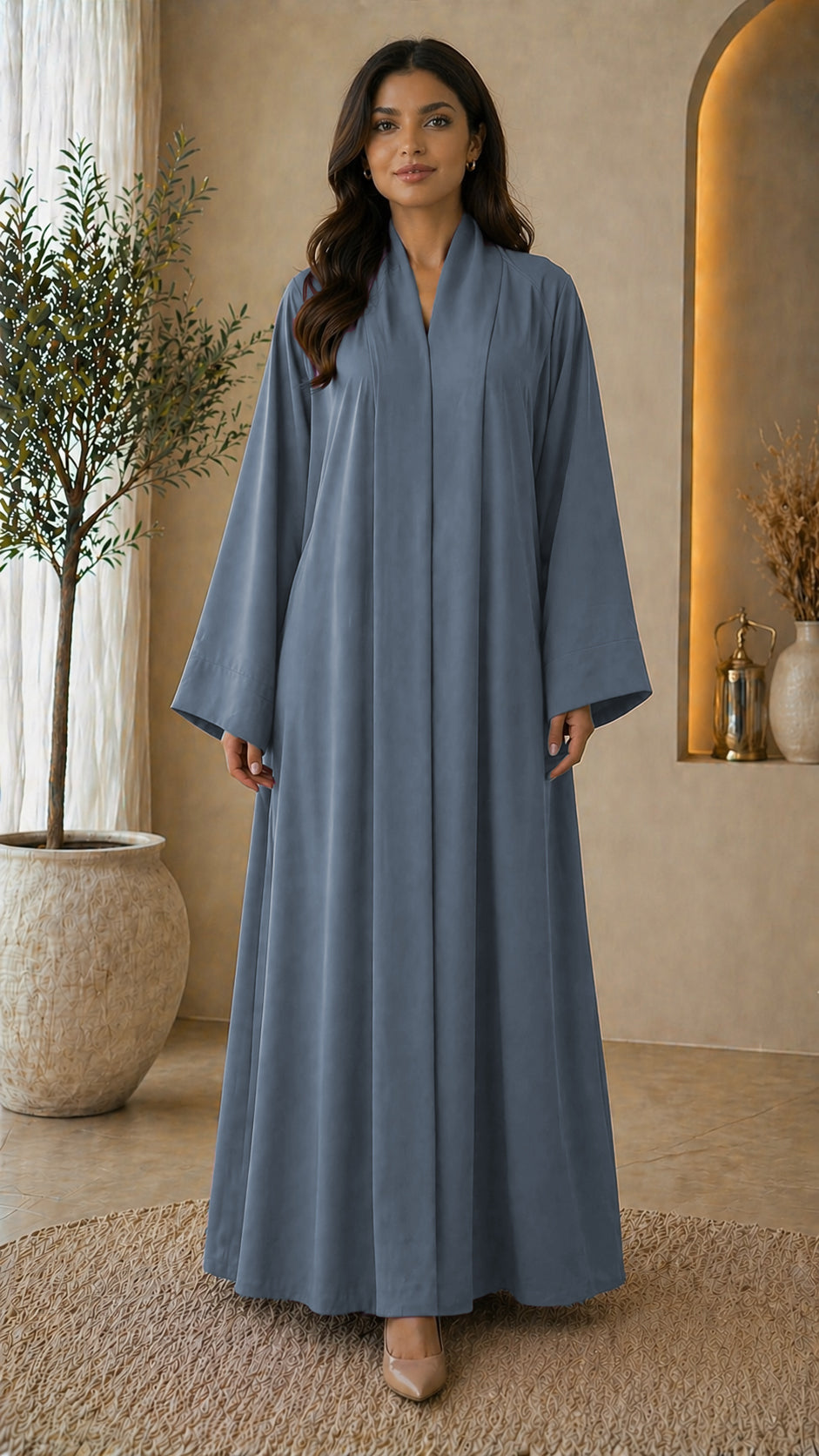 KIMONO GREY – Premium Grey Kimono Style Abaya | V Neck | Without Hijab | Free Size | AARUH