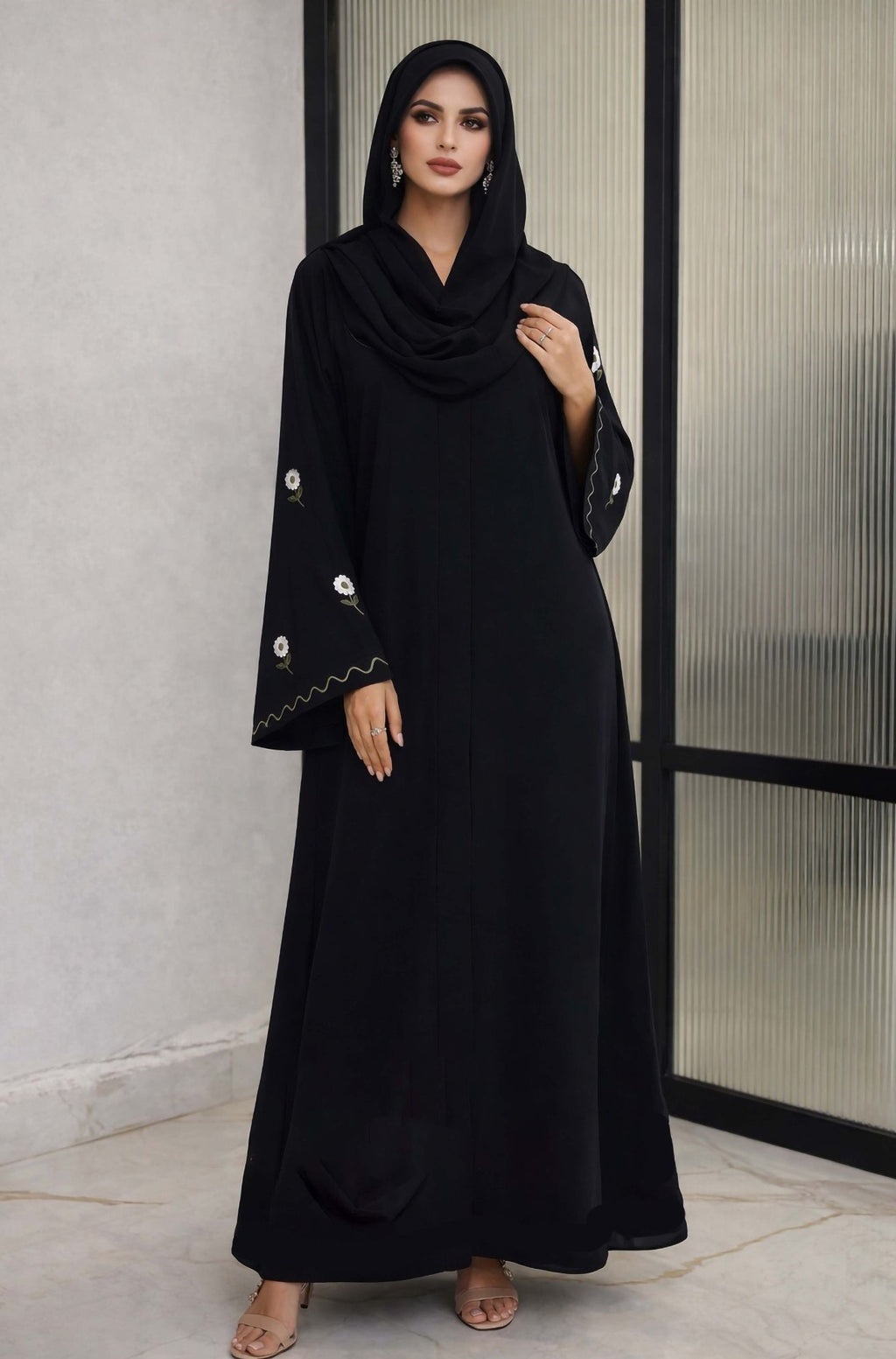 WAVES GREEN – Premium Black Embroidered Abaya with Matching Hijab | V Neck | Free Size | AARUH