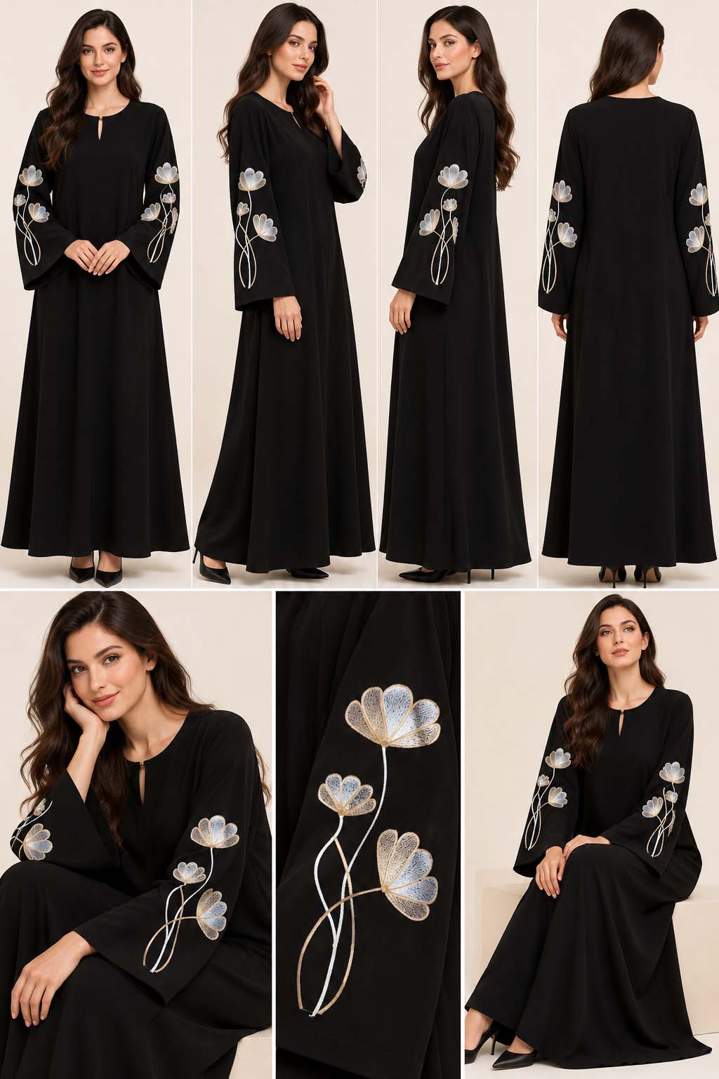 AARUH Black Nysa Embroidered Sleeve Abaya with Keyhole Neck & Flared Fit